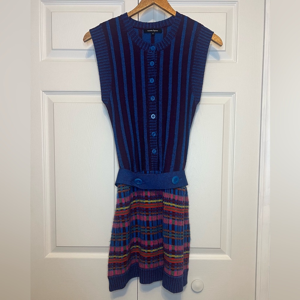 Nanette Lepore Blue Purple Stripes Plaid Knit Dress Buttons Sleeveless Belted M
